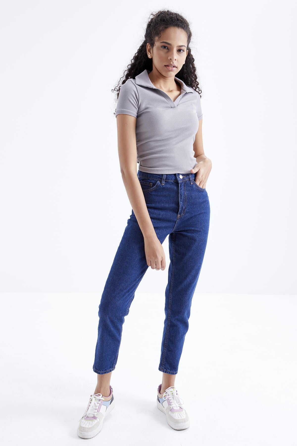 Women's Basic Polo Collar Short Sleeve Crop Top T-Shirt - 97208