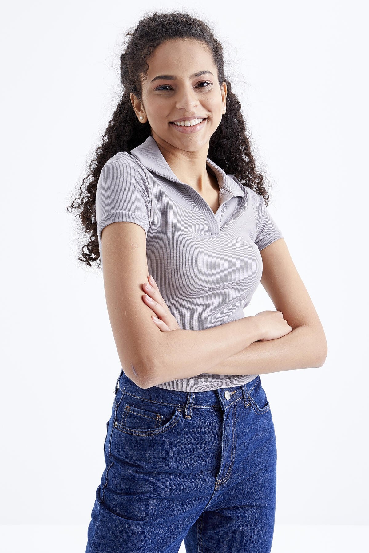 Women's Basic Polo Collar Short Sleeve Crop Top T-Shirt - 97208