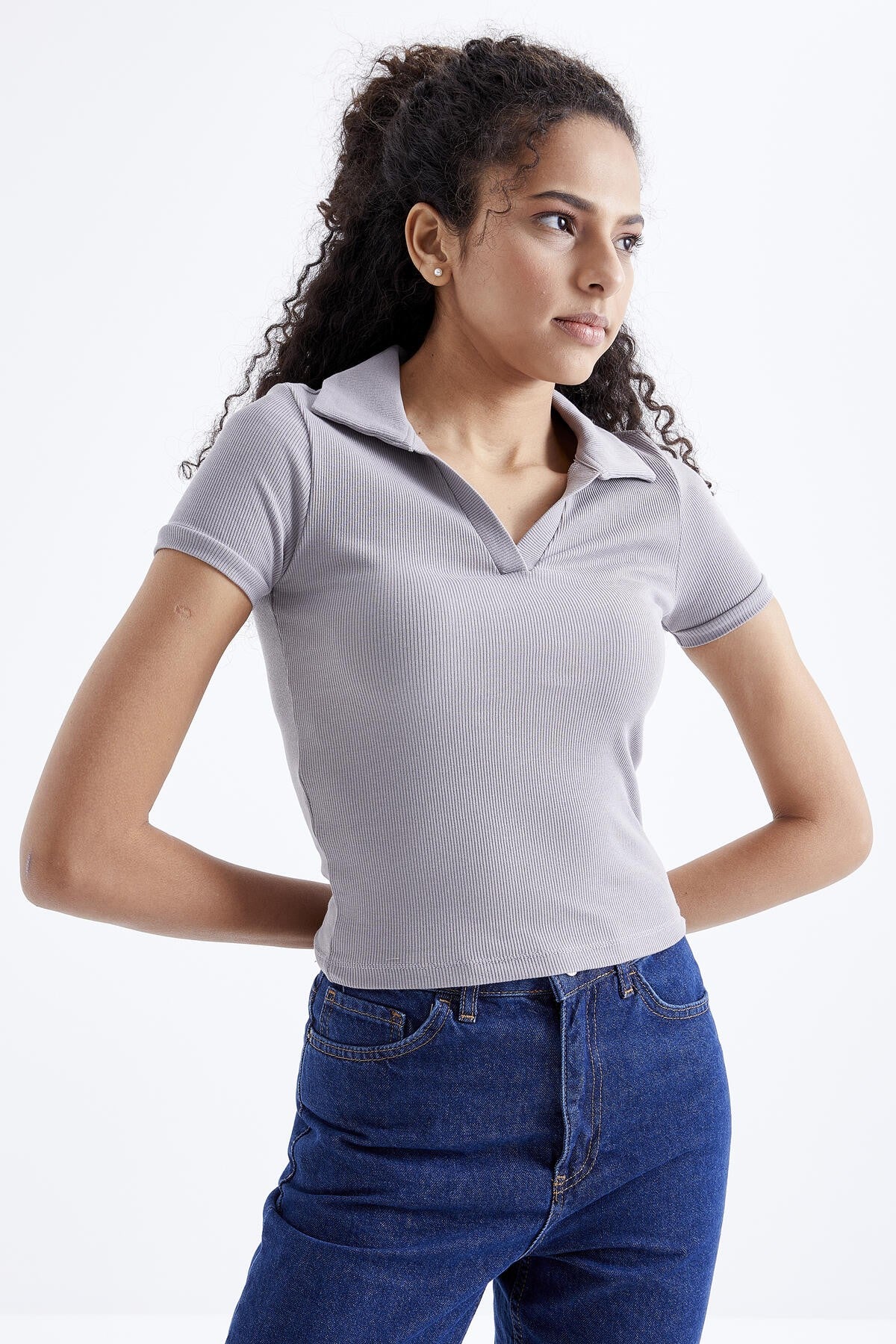 Women's Basic Polo Collar Short Sleeve Crop Top T-Shirt - 97208