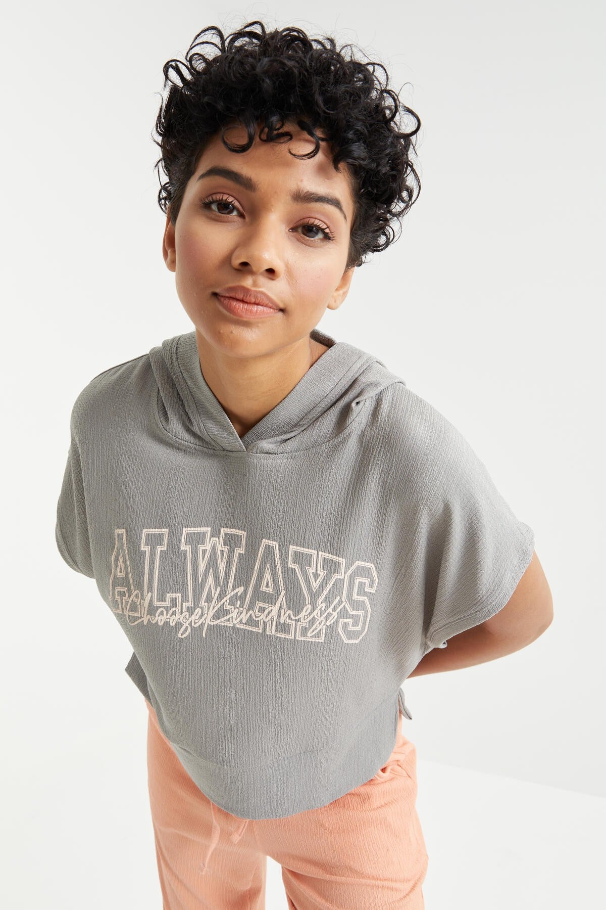 Oversized Crinkled Fabric Women's Crop Top Hoodie with Gray Print T-Shirt - 97229