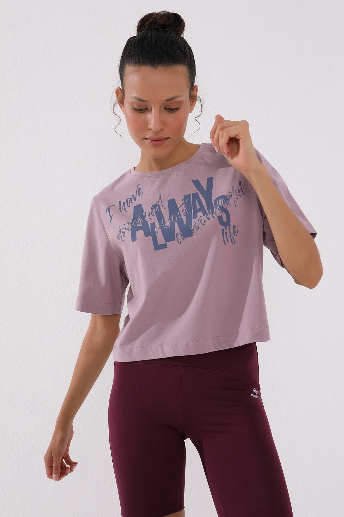 Dried Rose Asymmetric Print O Collar Women's Oversize T-Shirt - 97136
