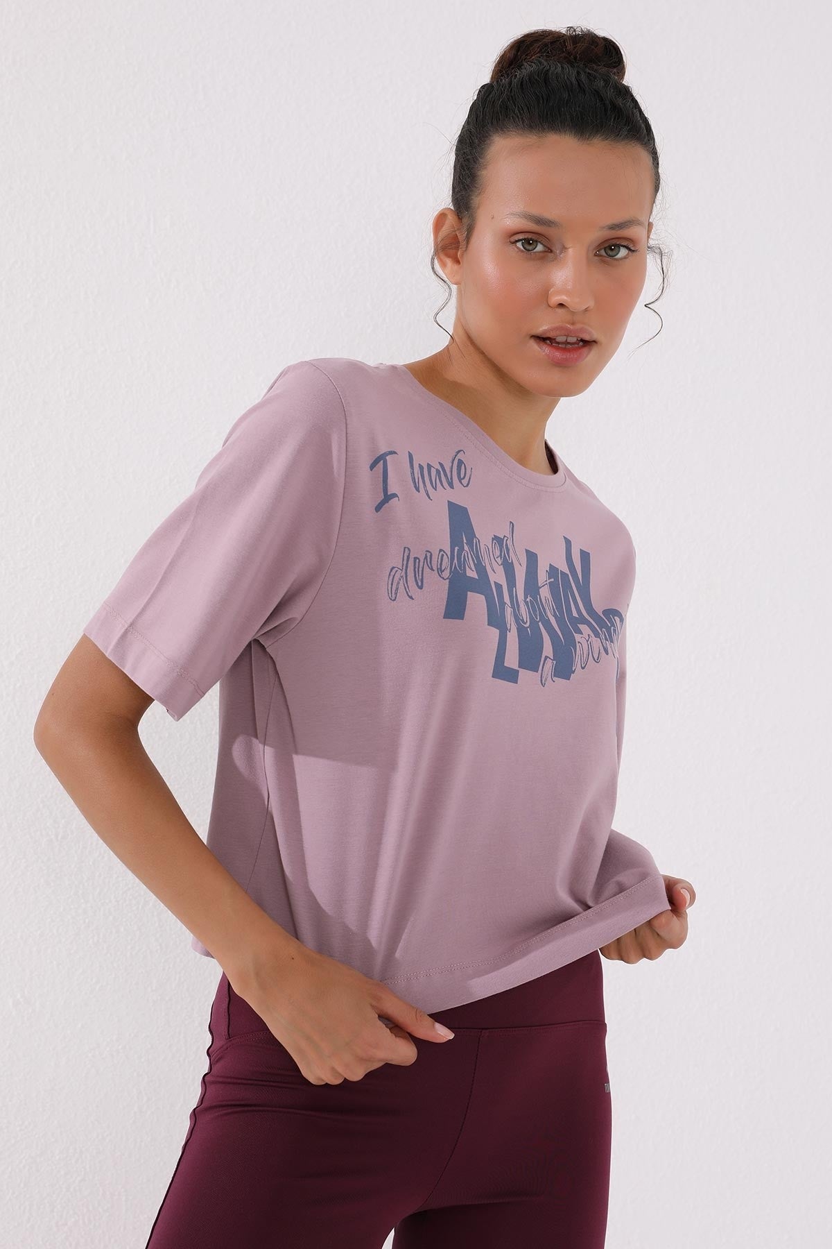 Dried Rose Asymmetric Print O Collar Women's Oversize T-Shirt - 97136