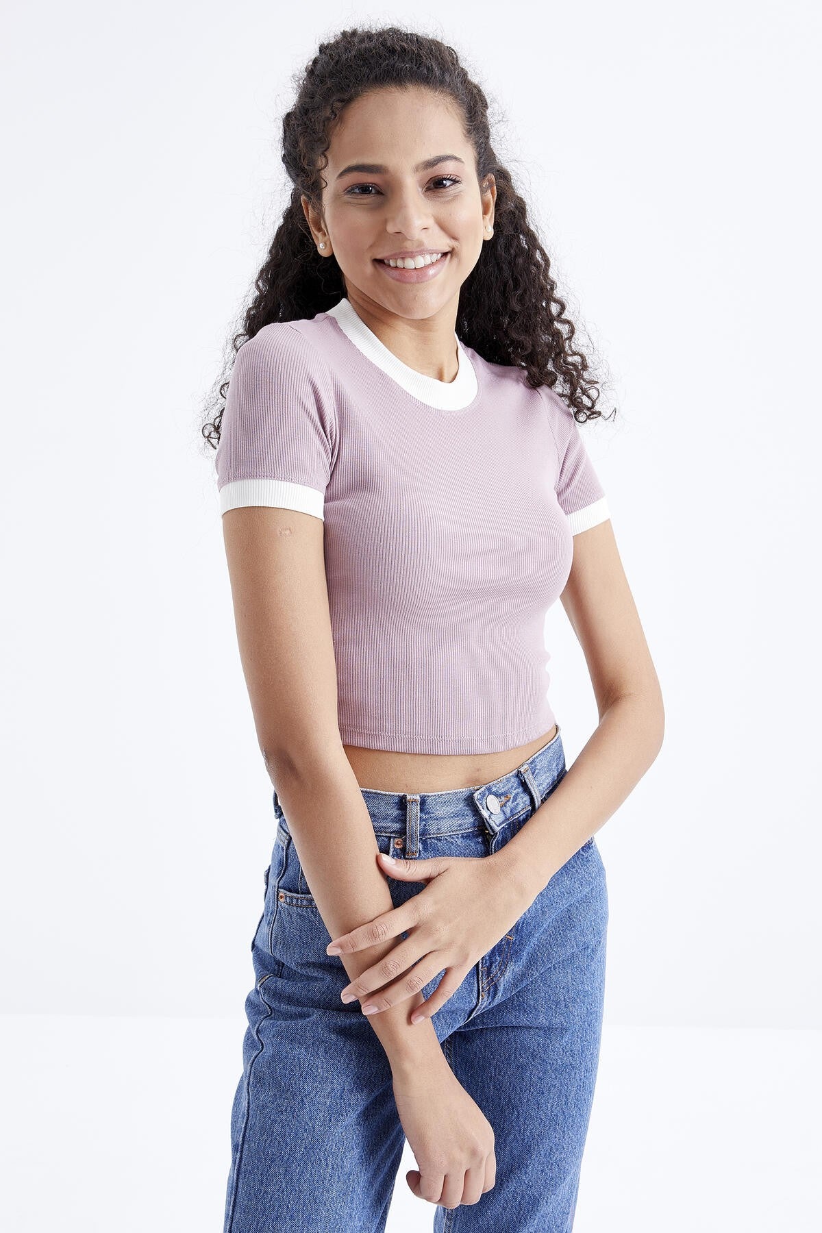 Dried Rose Basic Detailed O Neck Women's Crop Top T-Shirt - 97200