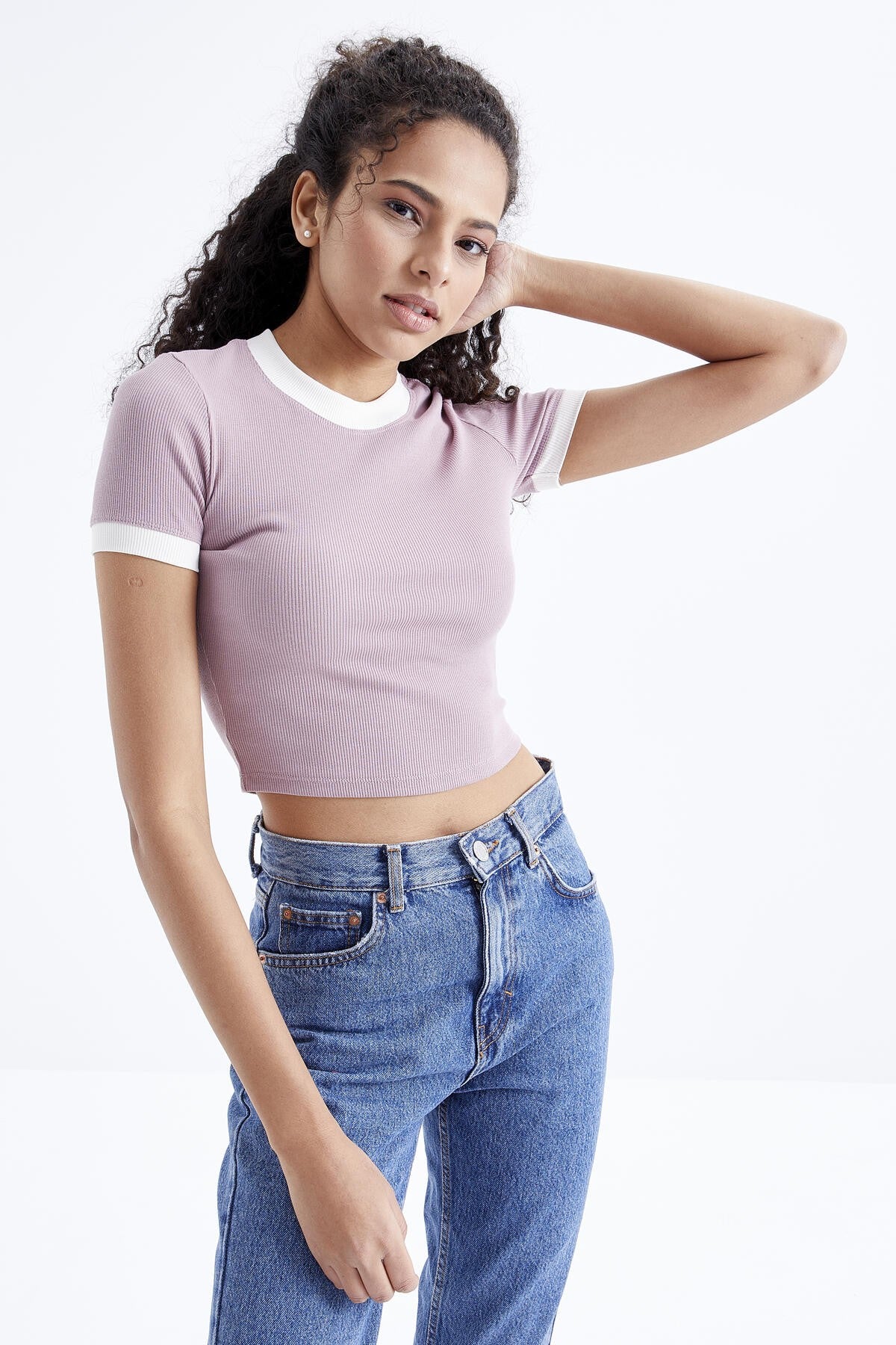 Dried Rose Basic Detailed O Neck Women's Crop Top T-Shirt - 97200