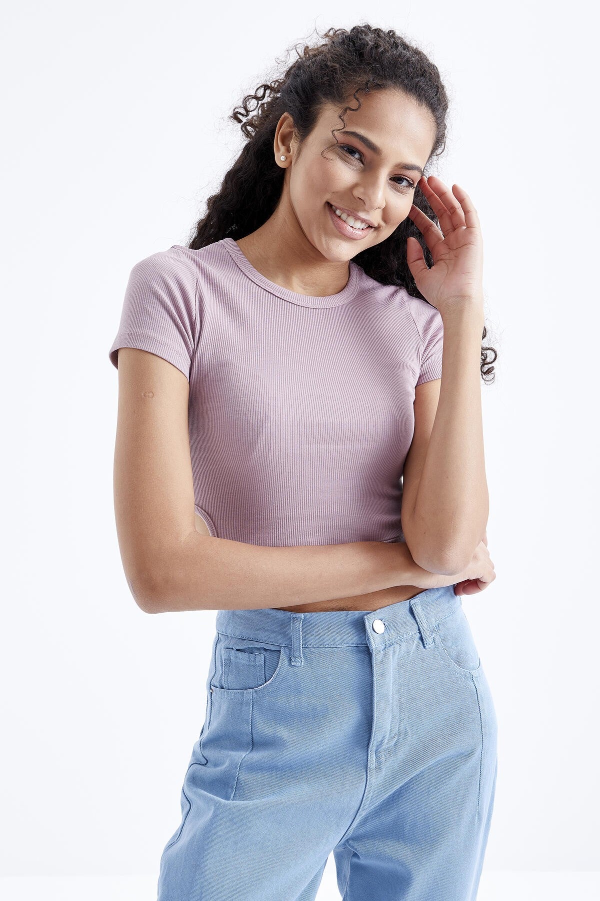 Dried Rose Basic Side Window O Collar Women's Crop Top T-Shirt - 97207