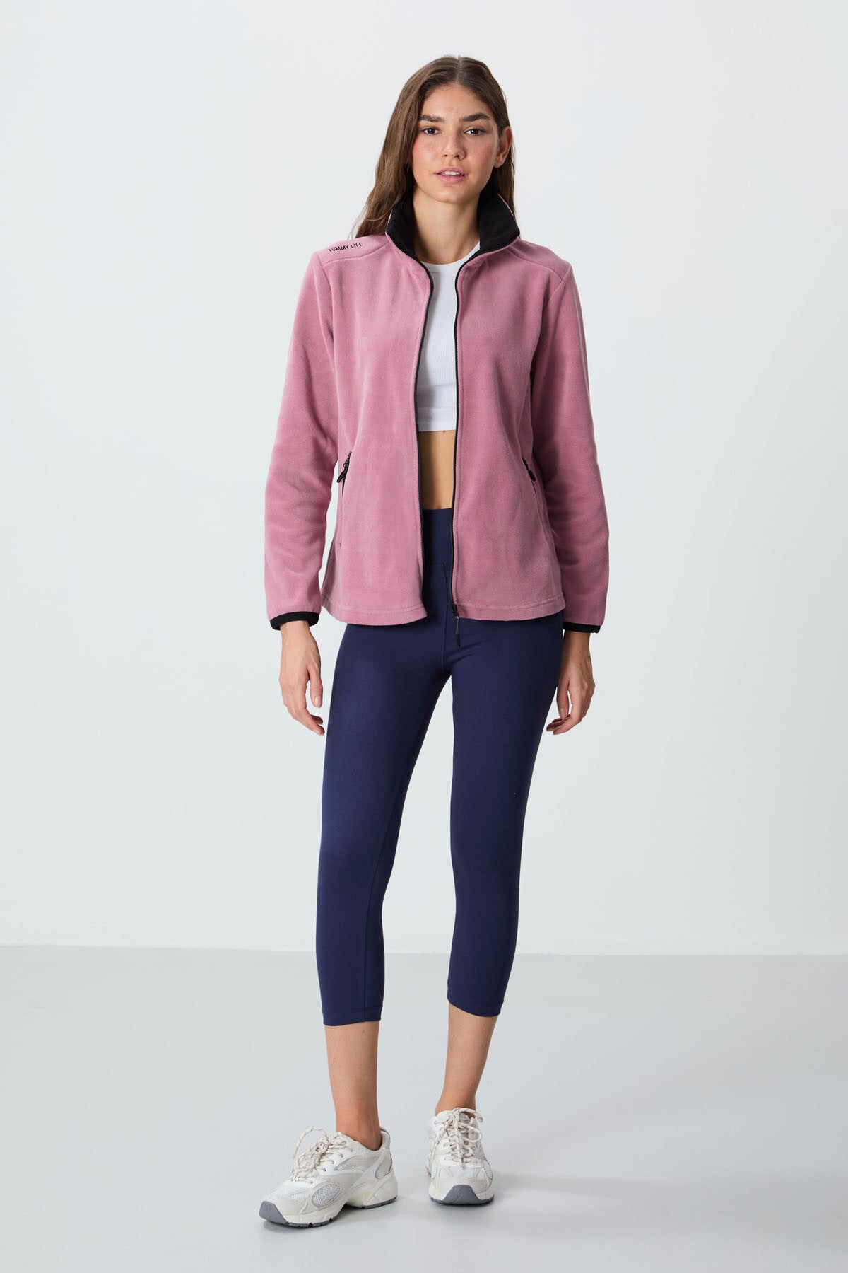 Dried Rose Stand Collar Zippered Comfort Fit Women's Fleece Sweatshirt - 97173
