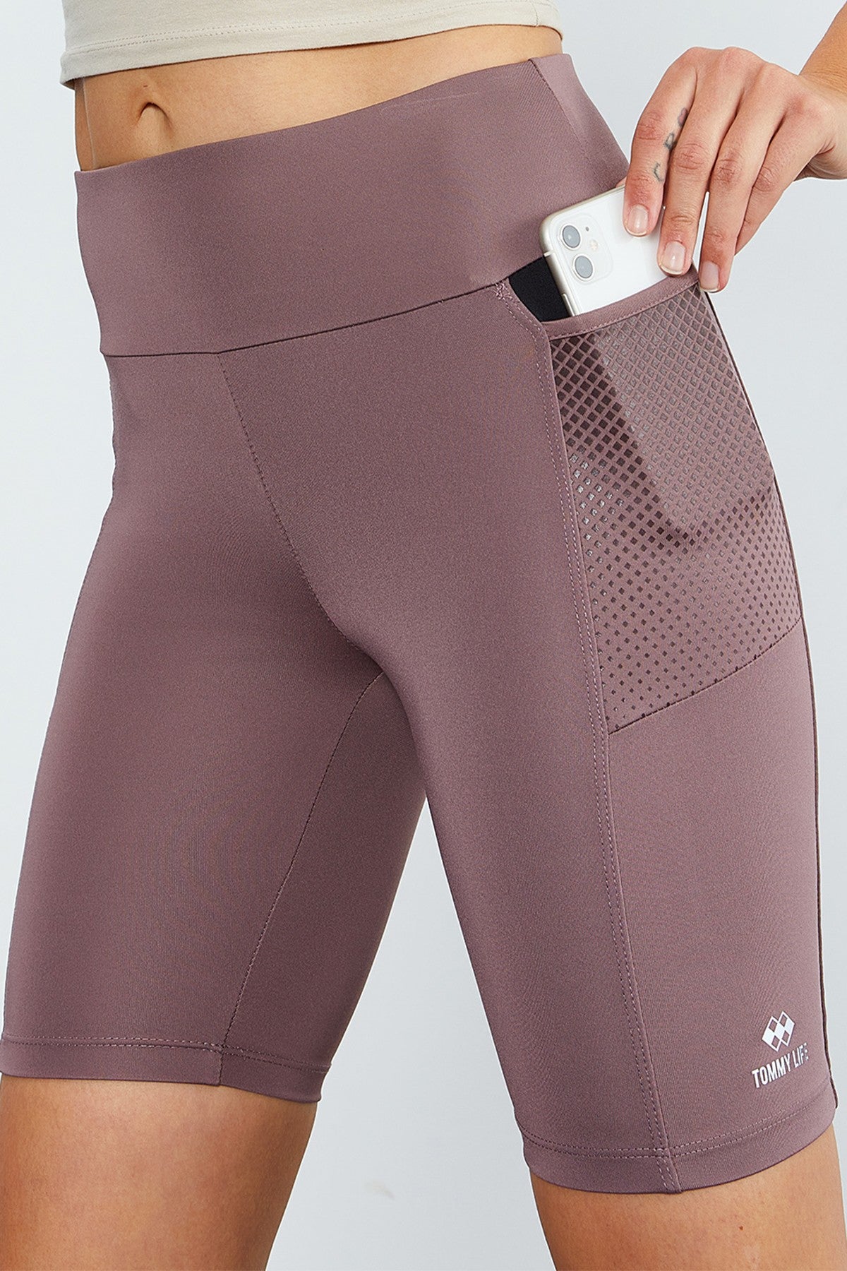 Dried Rose High Waist Wrap-up Women's Biker Tights with Side Pockets - 91010