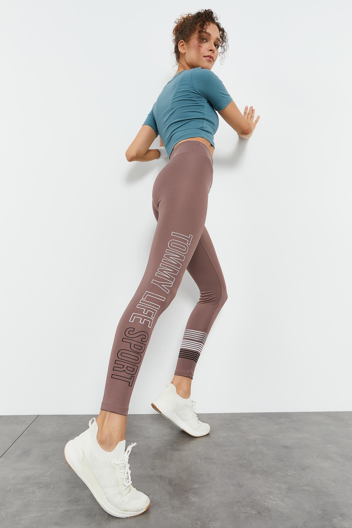 Dried Rose High Waist Printed Slim Fit Skinny Leg Women's Tights - 94544