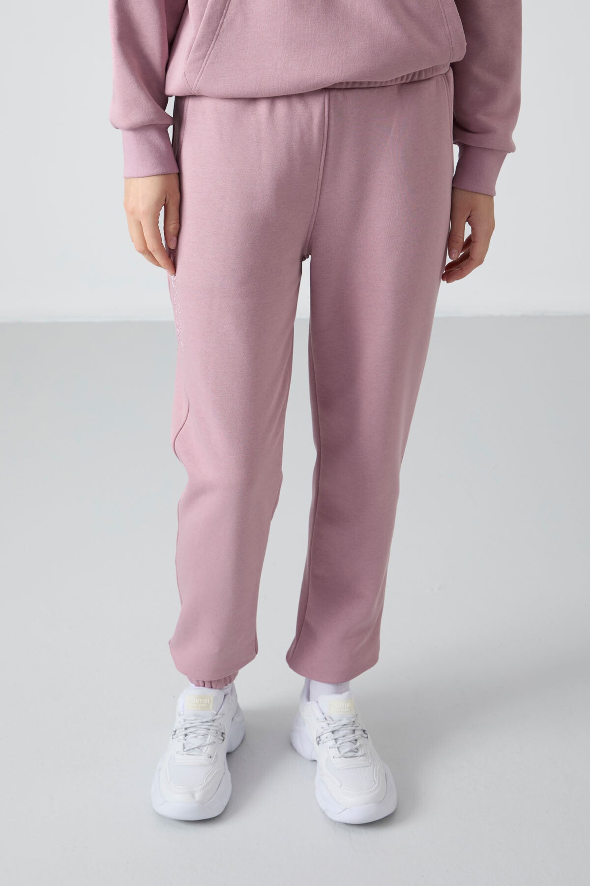Dried Rose Hooded Kangaroo Pocket Oversize Elastic Cuff Women's Tracksuit Set - 95288