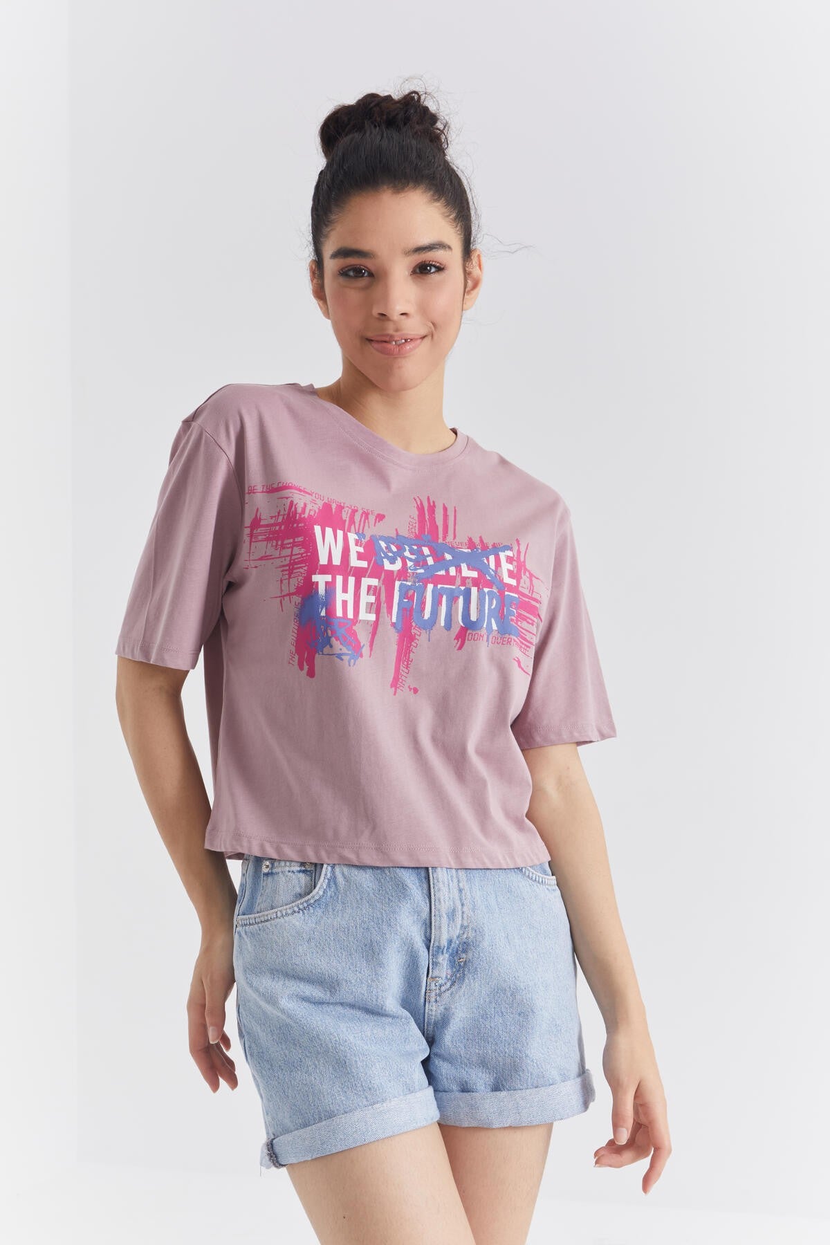 Dried Rose Colored Print O Collar Women's Oversize T-Shirt - 97212