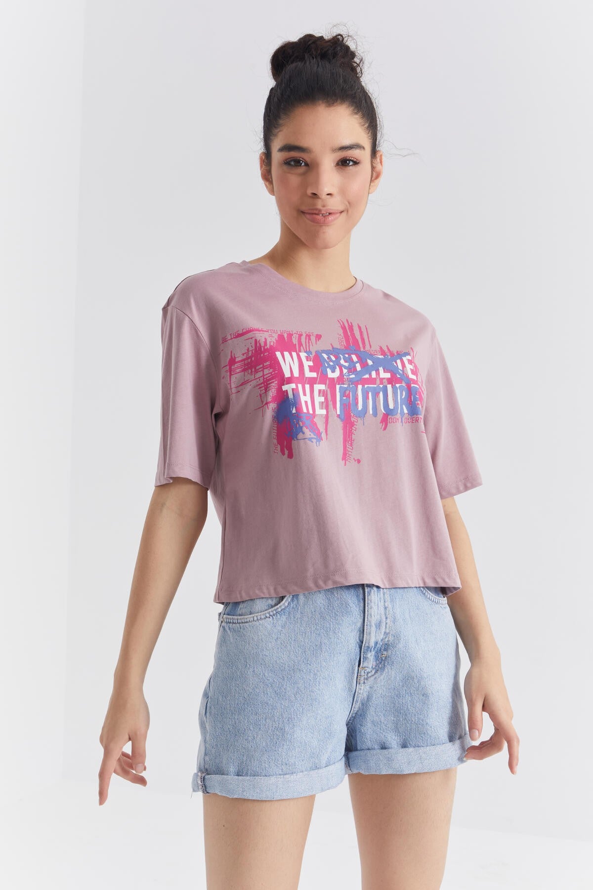 Dried Rose Colored Print O Collar Women's Oversize T-Shirt - 97212