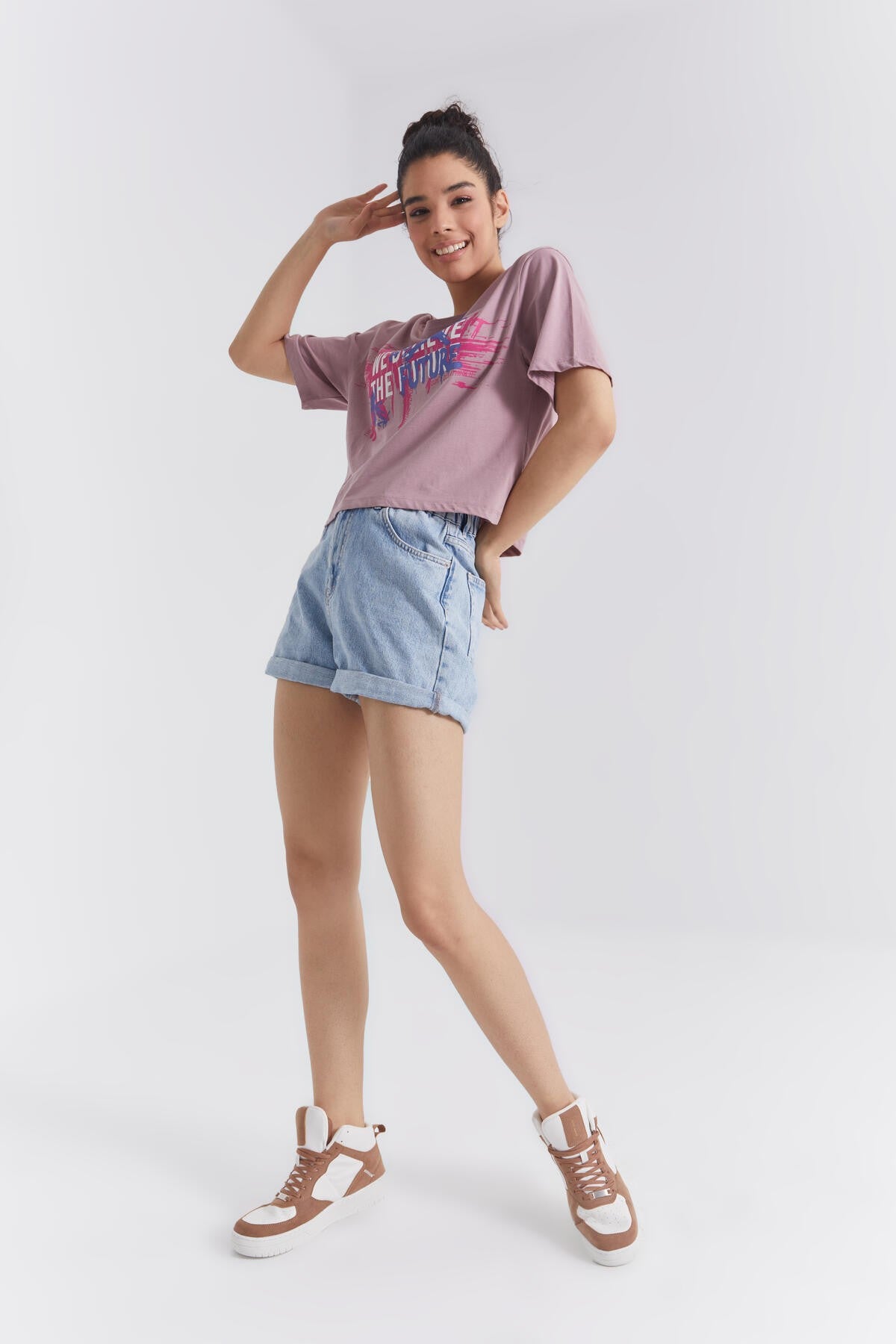 Dried Rose Colored Print O Collar Women's Oversize T-Shirt - 97212