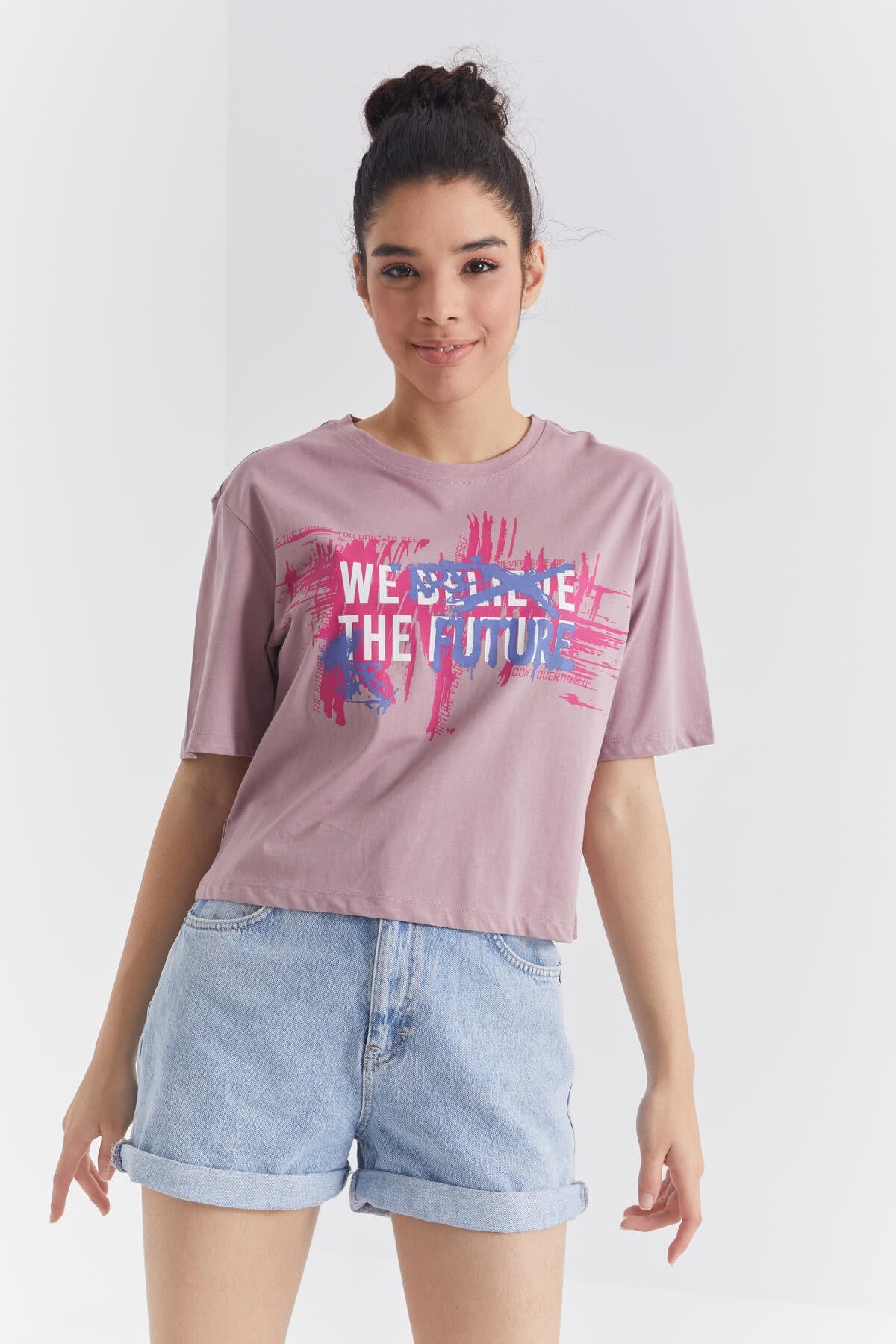 Dried Rose Colored Print O Collar Women's Oversize T-Shirt - 97212