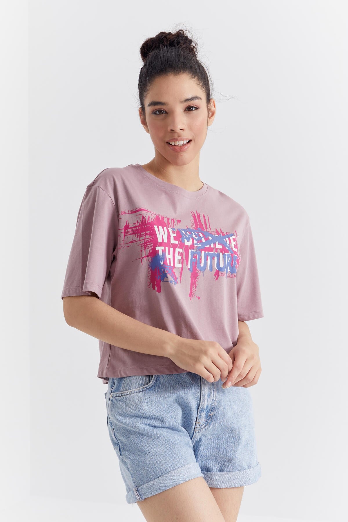 Dried Rose Colored Print O Collar Women's Oversize T-Shirt - 97212