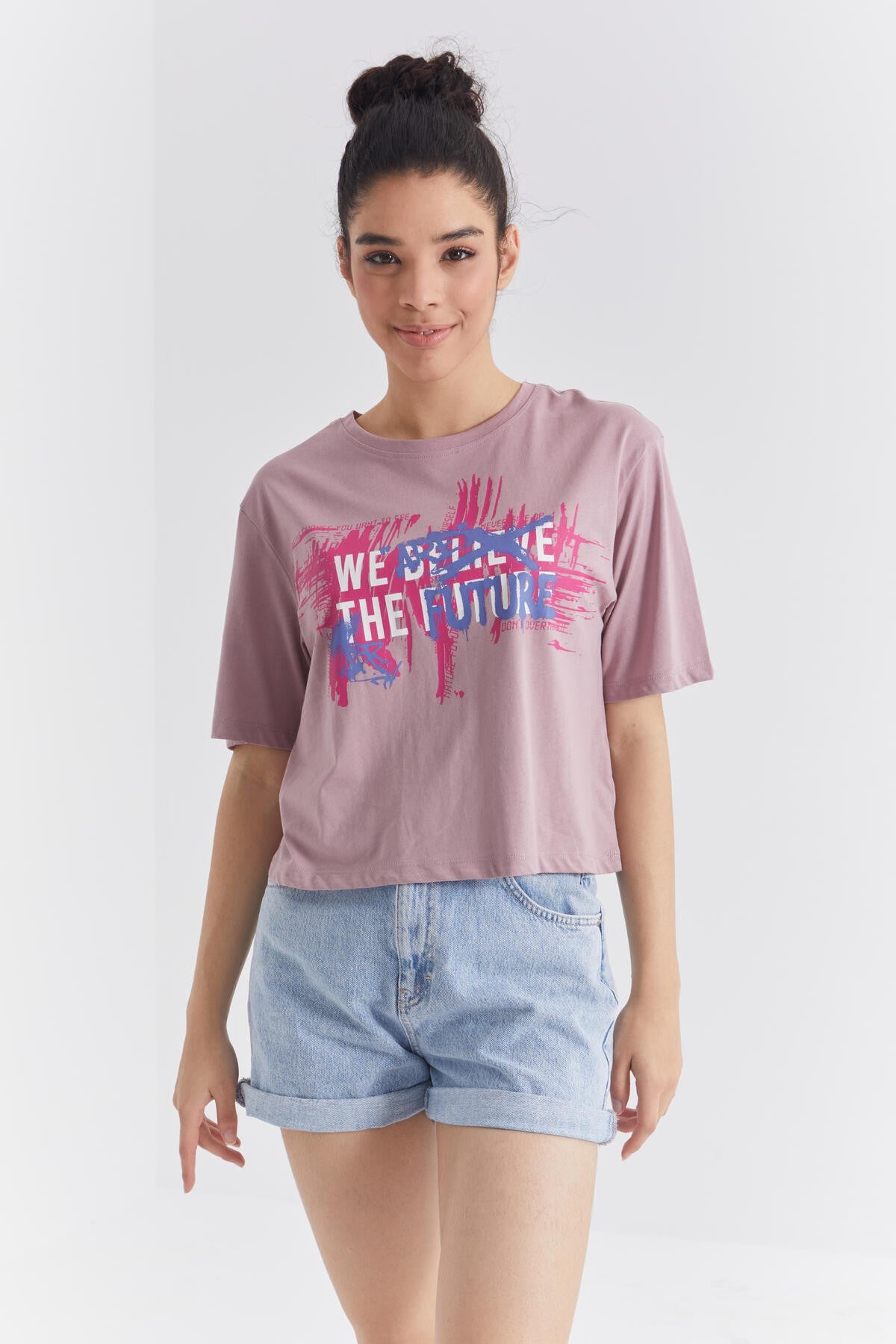 Dried Rose Colored Print O Collar Women's Oversize T-Shirt - 97212