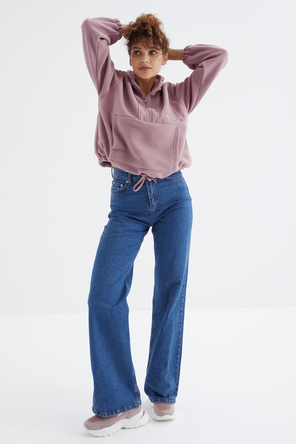 Dried Rose Half Zipper Skirt with Gathered Hem Women's Polar Oversize Sweatshirt - 97171