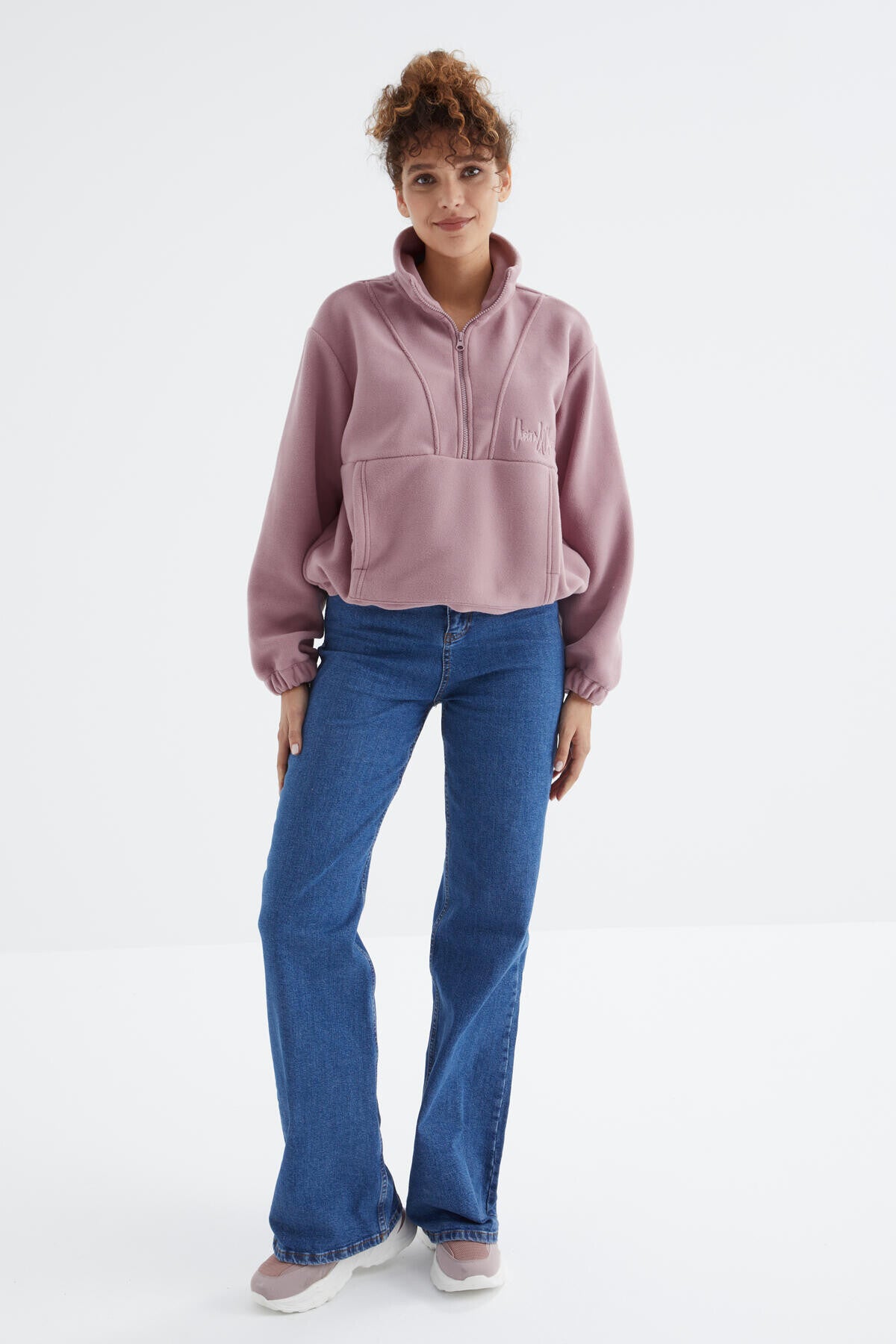 Dried Rose Half Zipper Skirt with Gathered Hem Women's Polar Oversize Sweatshirt - 97171