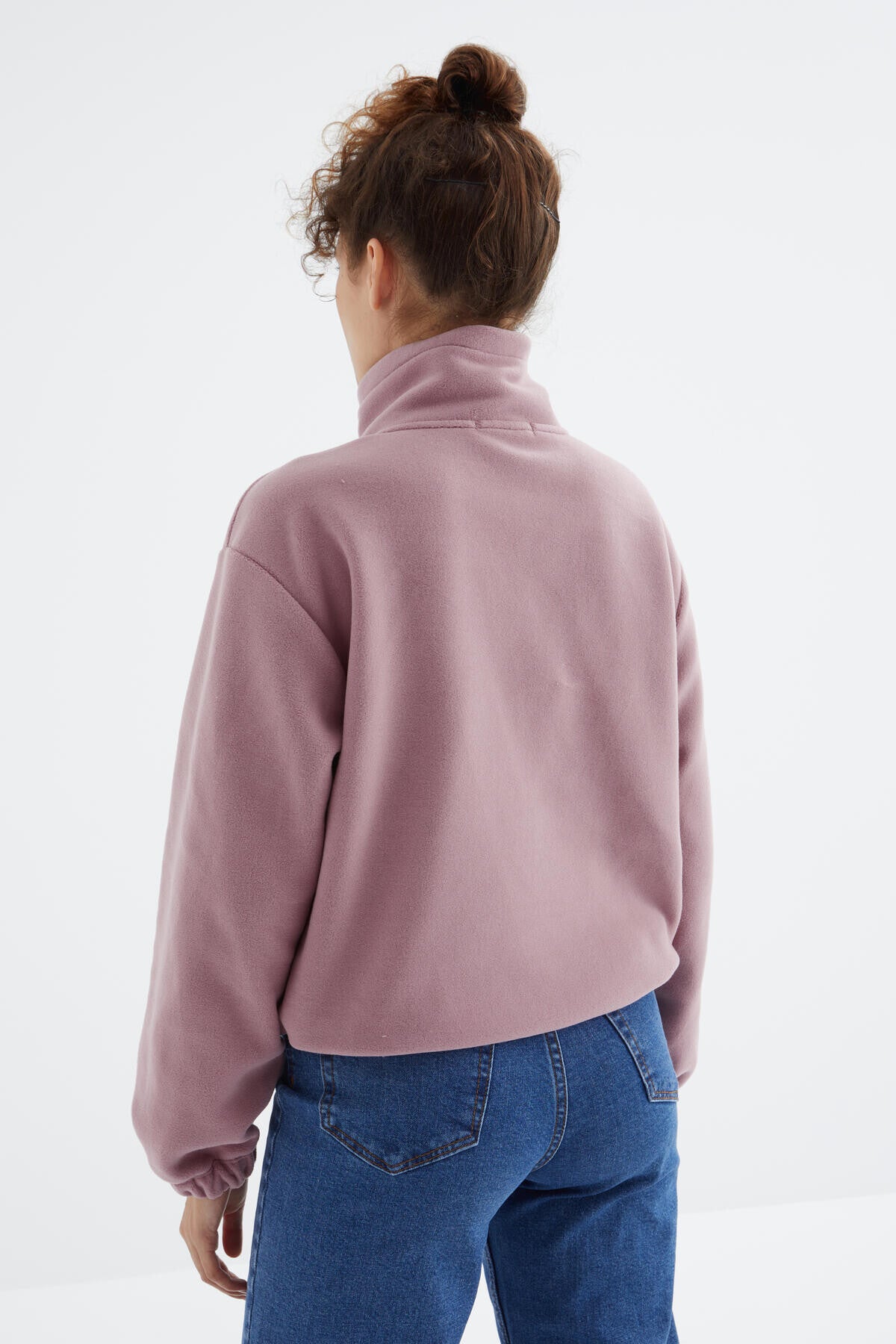 Dried Rose Half Zipper Skirt with Gathered Hem Women's Polar Oversize Sweatshirt - 97171