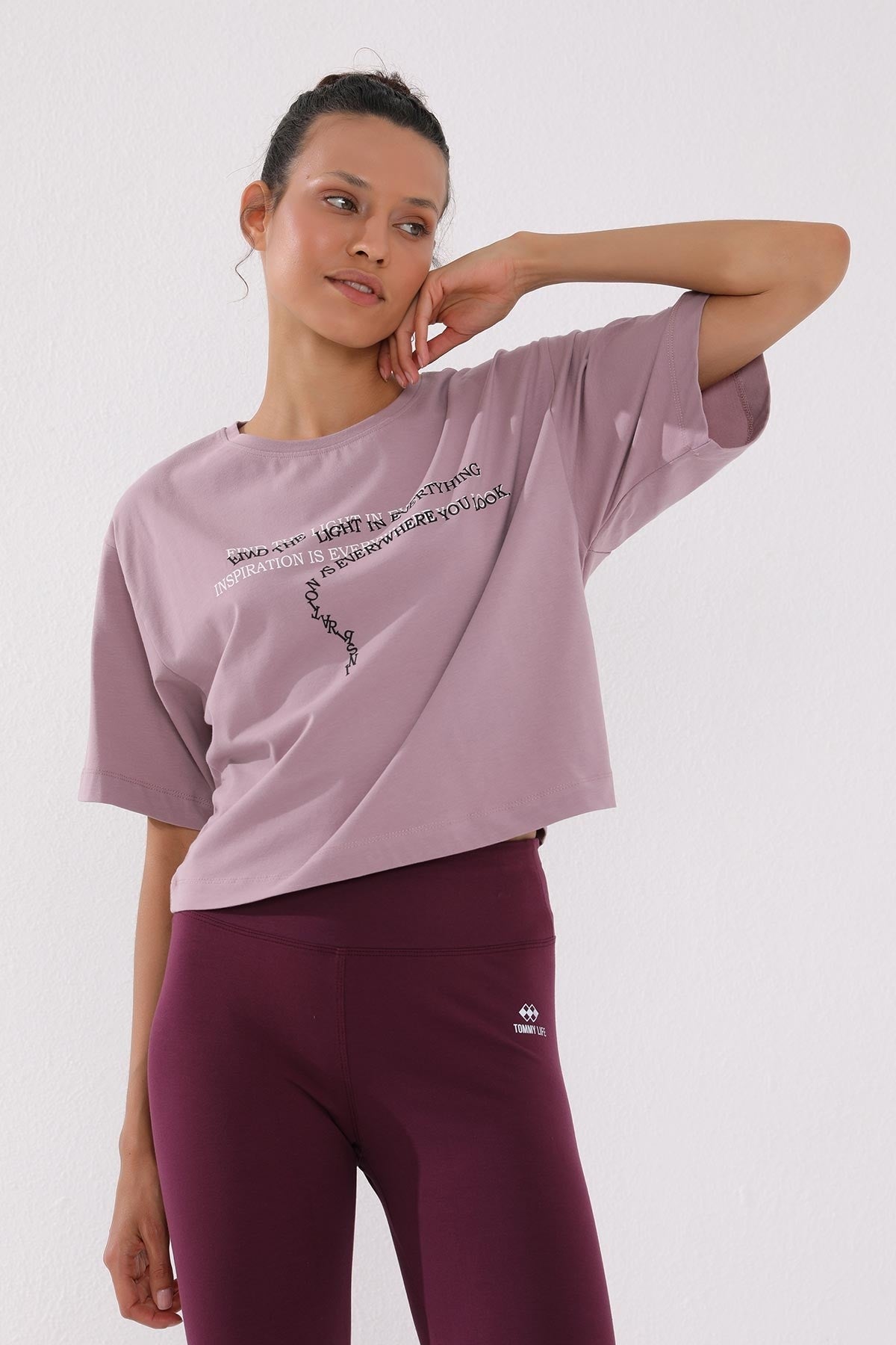 Dried Rose Print Short O Collar Women's Oversize T-Shirt - 97135