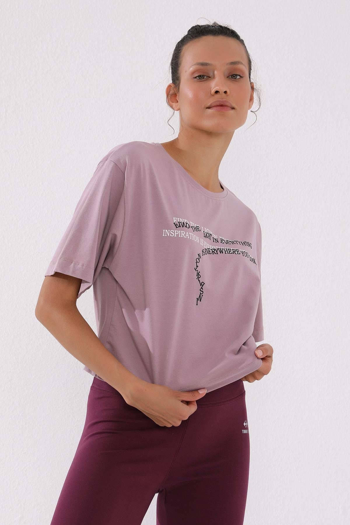 Dried Rose Print Short O Collar Women's Oversize T-Shirt - 97135