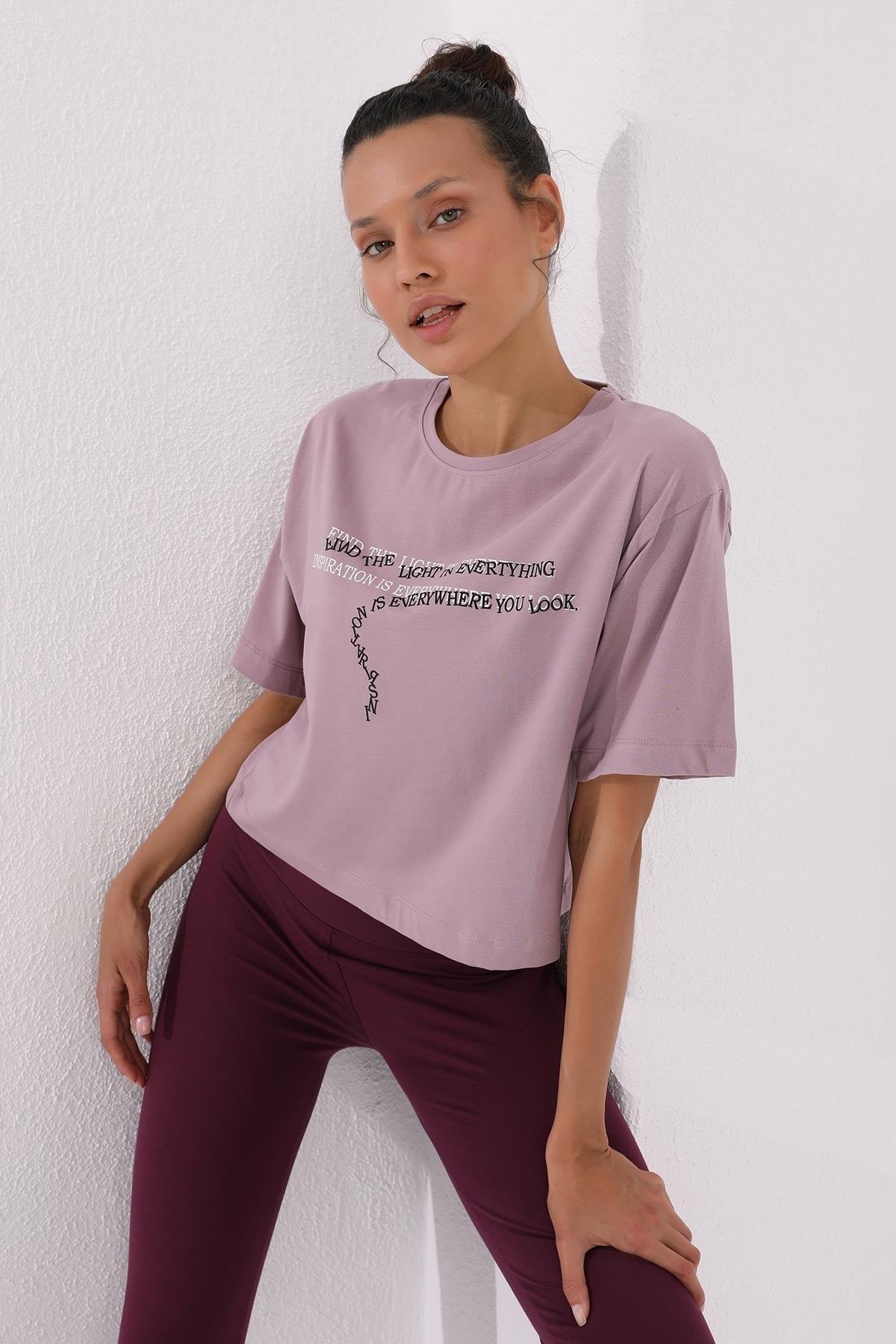Dried Rose Print Short O Collar Women's Oversize T-Shirt - 97135