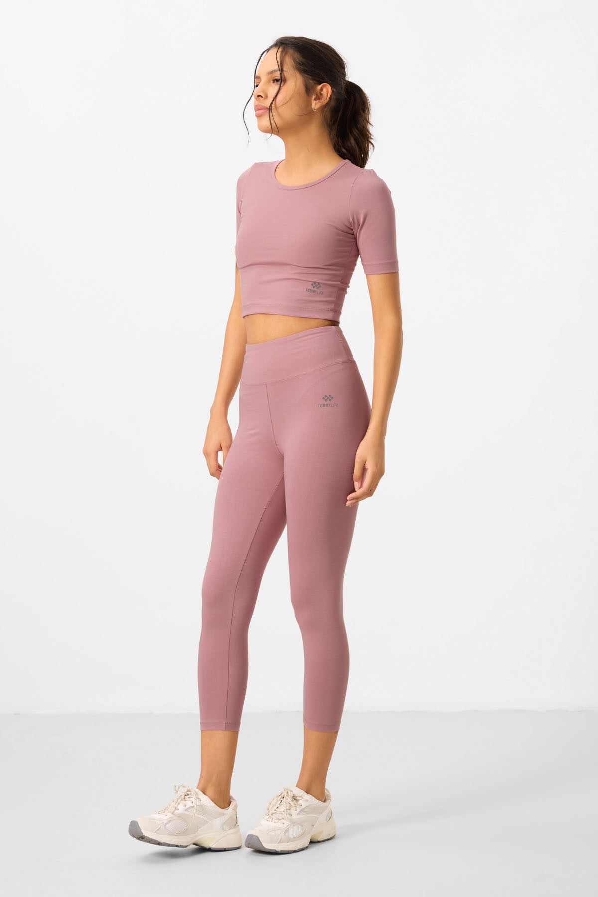 Dried Rose High Waist Capri-Crop T-Shirt Slim Fit Women's Tights Set - 95285