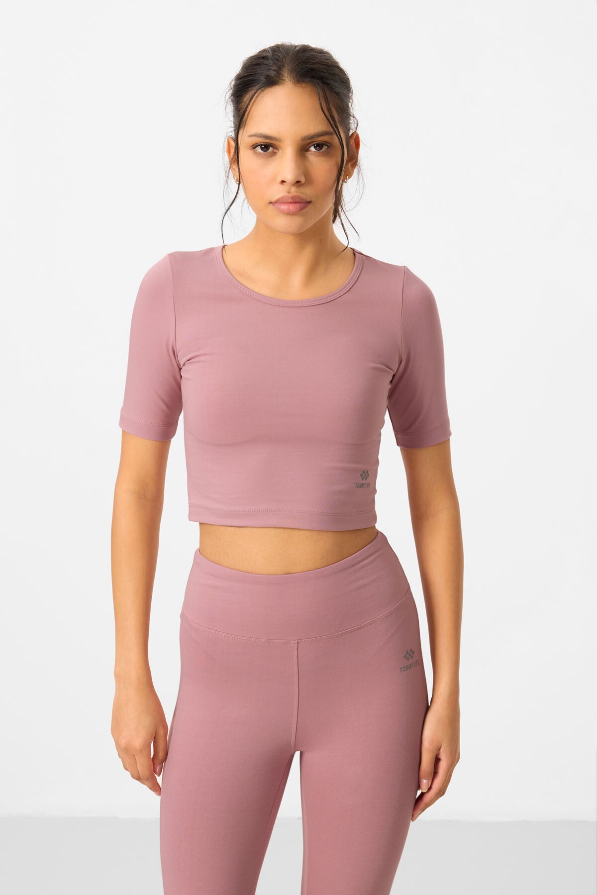 Dried Rose High Waist Capri-Crop T-Shirt Slim Fit Women's Tights Set - 95285
