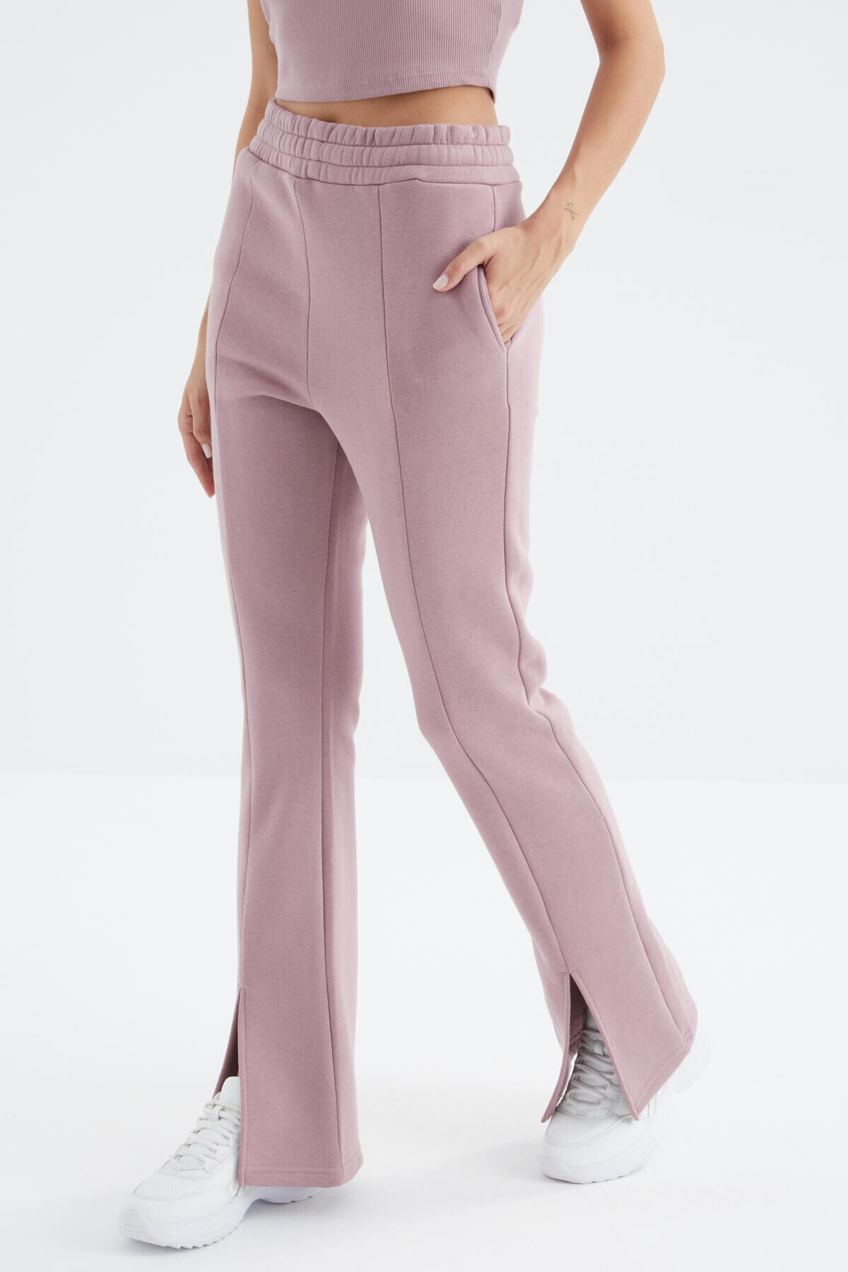 Dried Rose High Waist Front Slit Detailed Side Pocket Comfortable Fit Women's Tracksuit Bottom - 94625