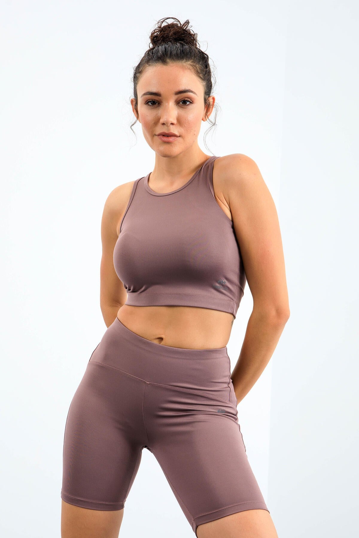 Dried Rose High Waist Wrap-up Slim Fit Crop Biker Women's Tights Set - 95302