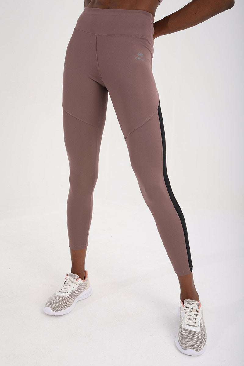 Dried Rose High Waist Wrap-up Strip Detailed Slim Fit Tapered Leg Women's Tights - 94542