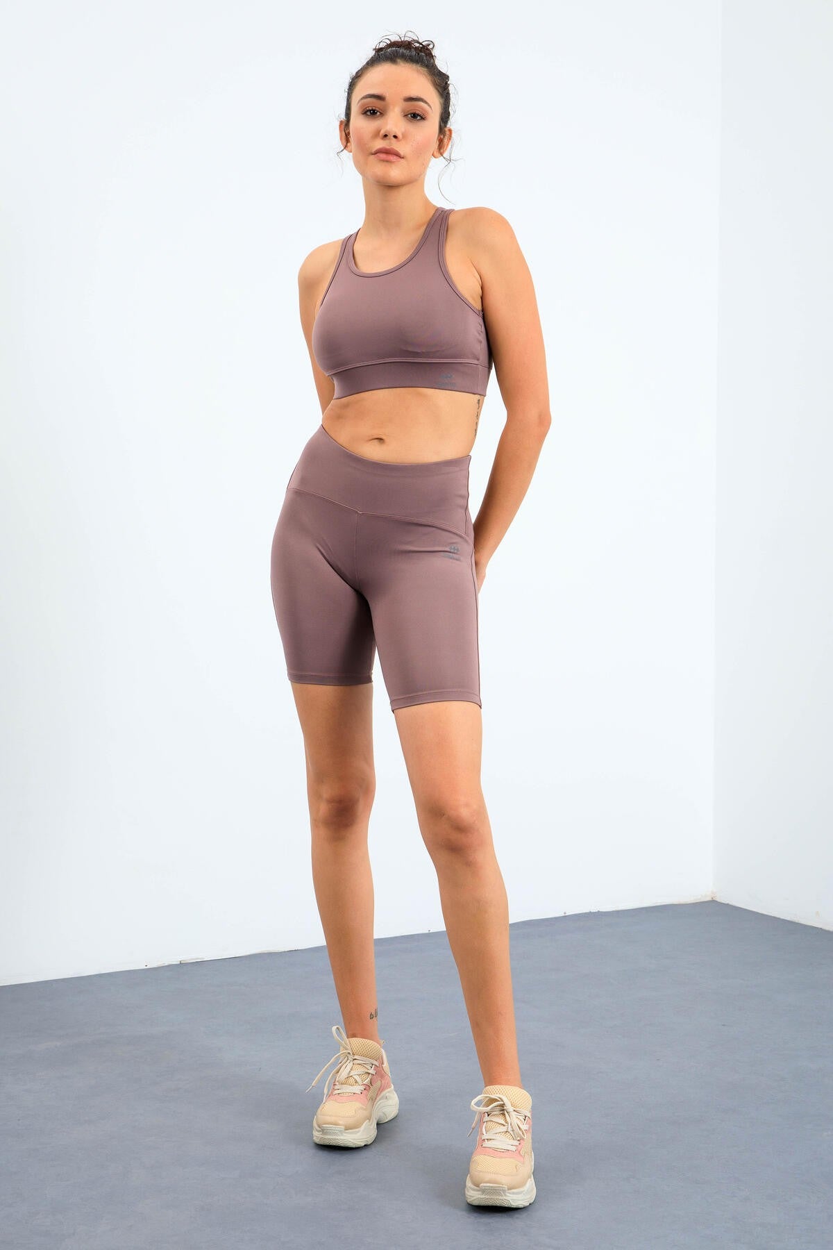 Dried Rose High Waist Wrap-up Slim Fit Bustier Biker Women's Tights Set - 95303