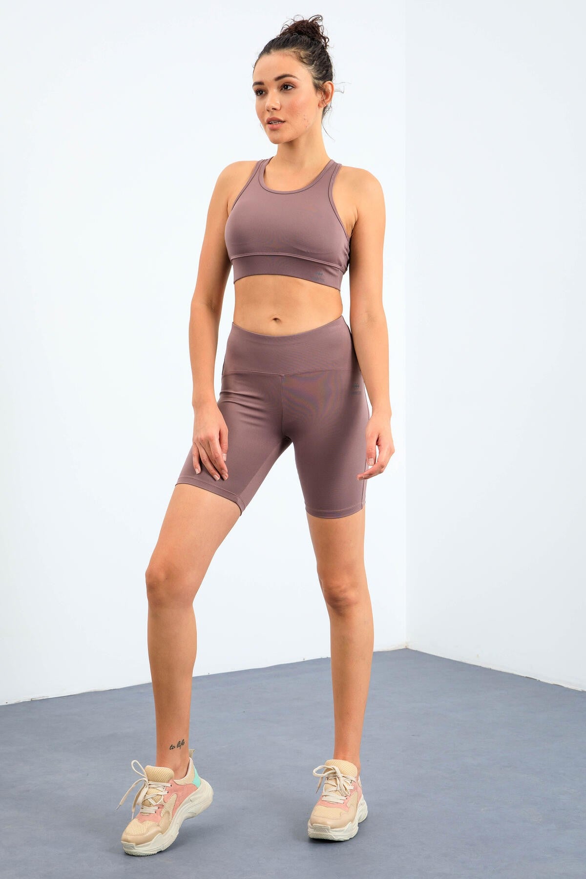 Dried Rose High Waist Wrap-up Slim Fit Bustier Biker Women's Tights Set - 95303