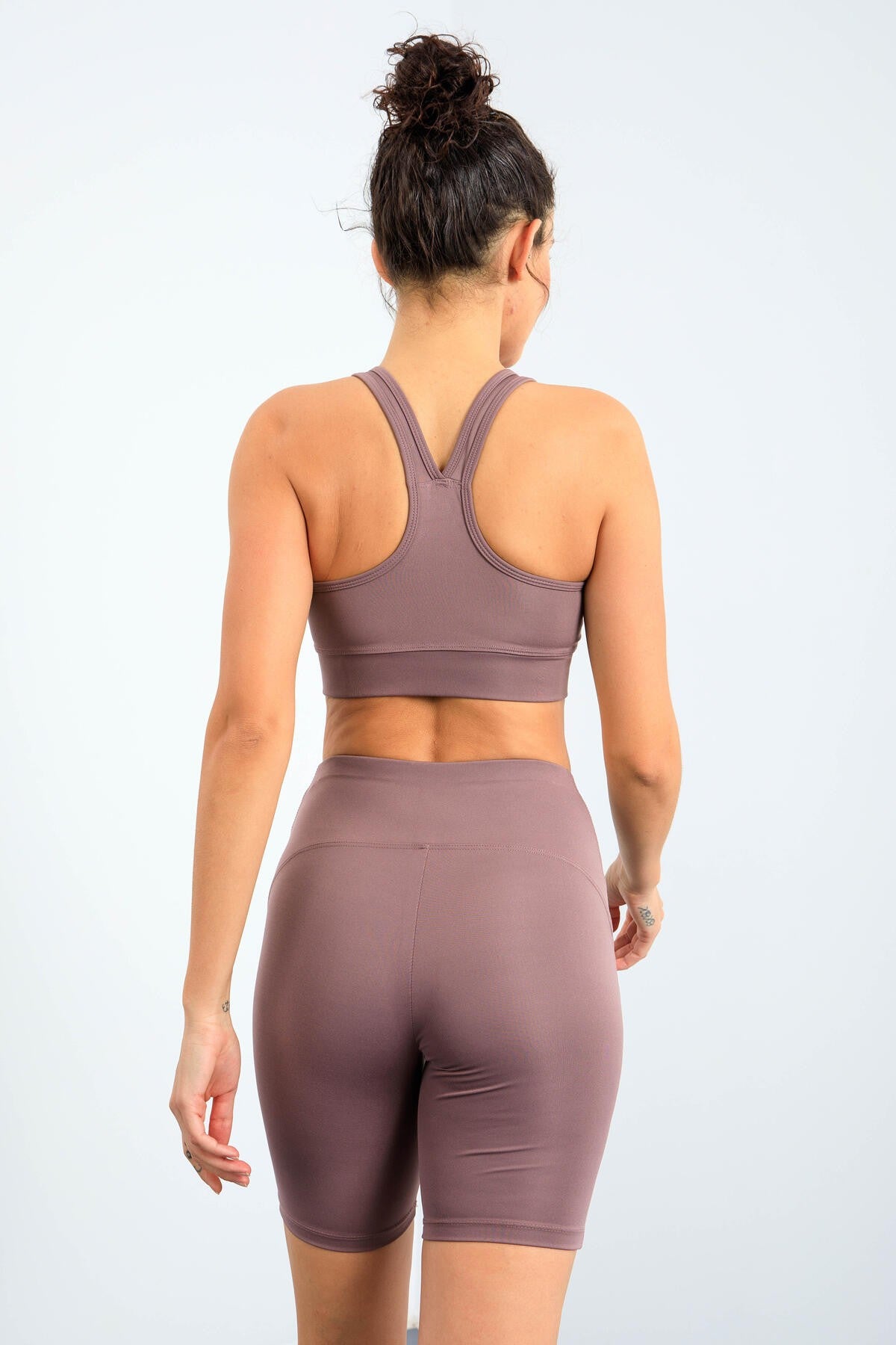 Dried Rose High Waist Wrap-up Slim Fit Bustier Biker Women's Tights Set - 95303