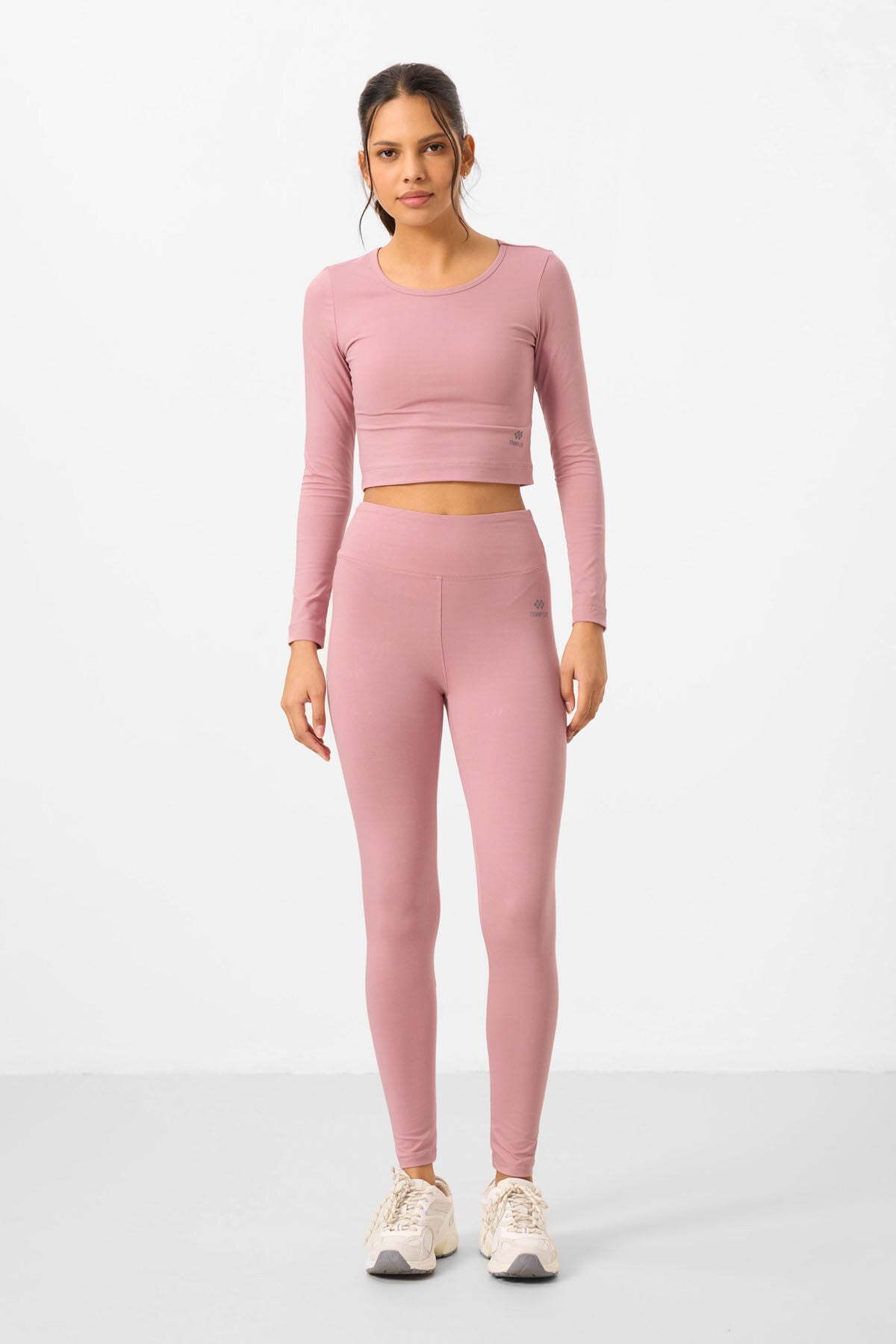 Dried Rose High Waist Long Sleeve Slim Fit Crop Top Women's Tights Set - 95286