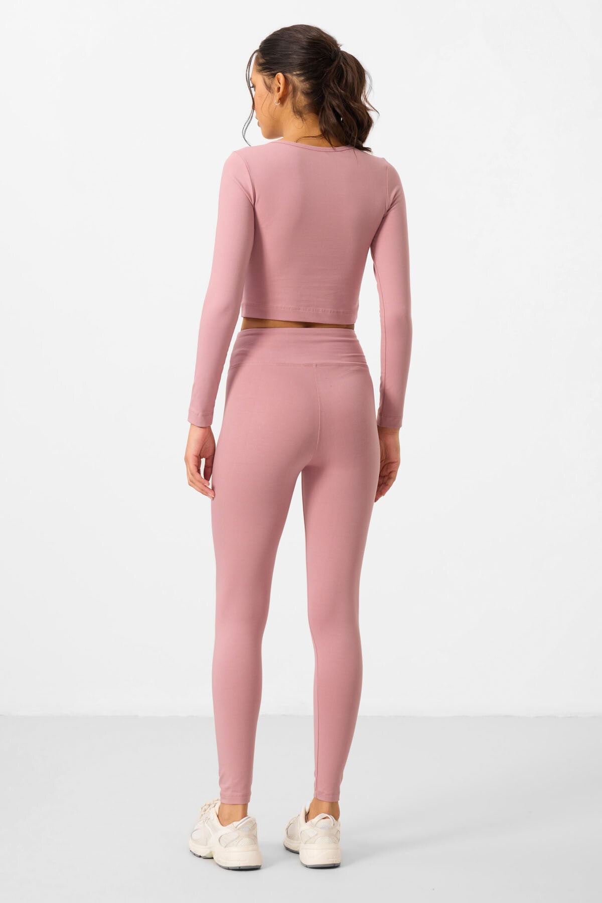 Dried Rose High Waist Long Sleeve Slim Fit Crop Top Women's Tights Set - 95286