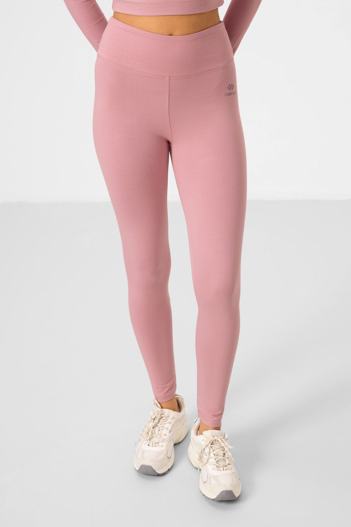 Dried Rose High Waist Long Sleeve Slim Fit Crop Top Women's Tights Set - 95286