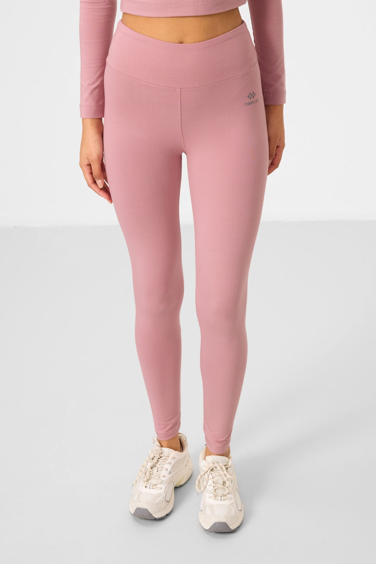 Dried Rose High Waist Long Sleeve Slim Fit Crop Top Women's Tights Set - 95286