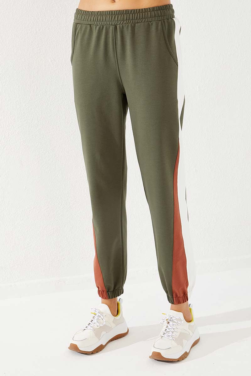 Right Two-Tone Striped Comfort Fit Elastic Cuff Women's Tracksuit Bottom - 94582