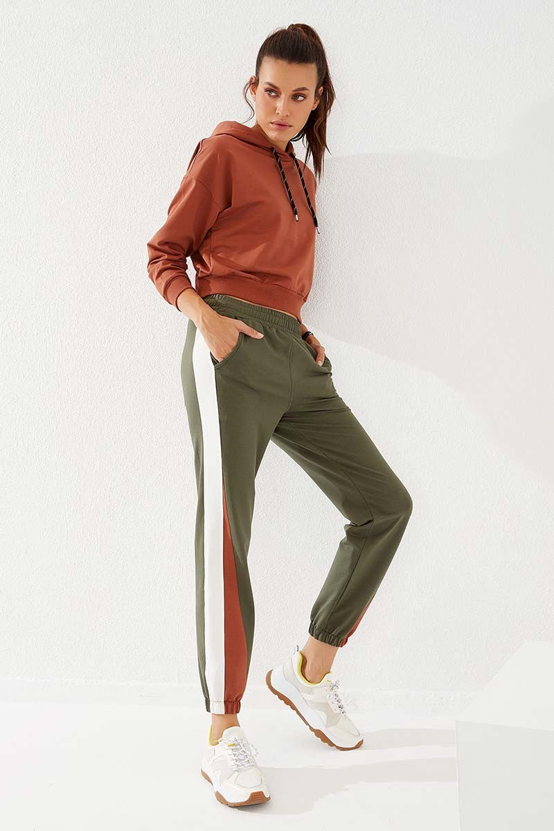 Right Two-Tone Striped Comfort Fit Elastic Cuff Women's Tracksuit Bottom - 94582