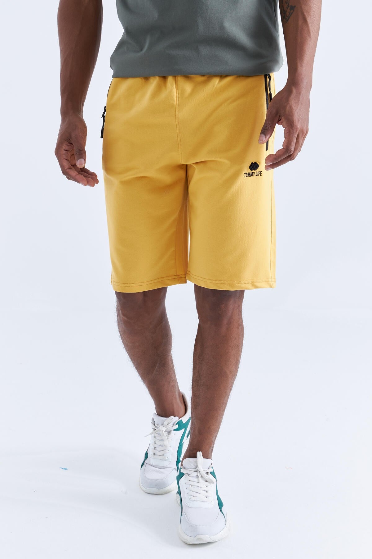 Mustard Hidden Zipper Back Pocket Laced Standard Fit Men's Shorts - 81136
