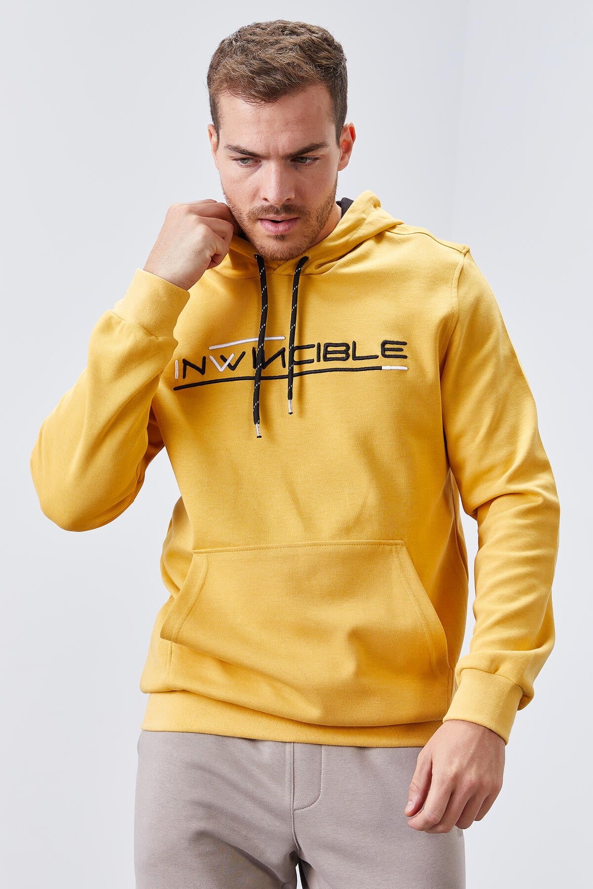 Mustard Kangaroo Pocket Standard Fit Hooded Men's Sweatshirt - 87883