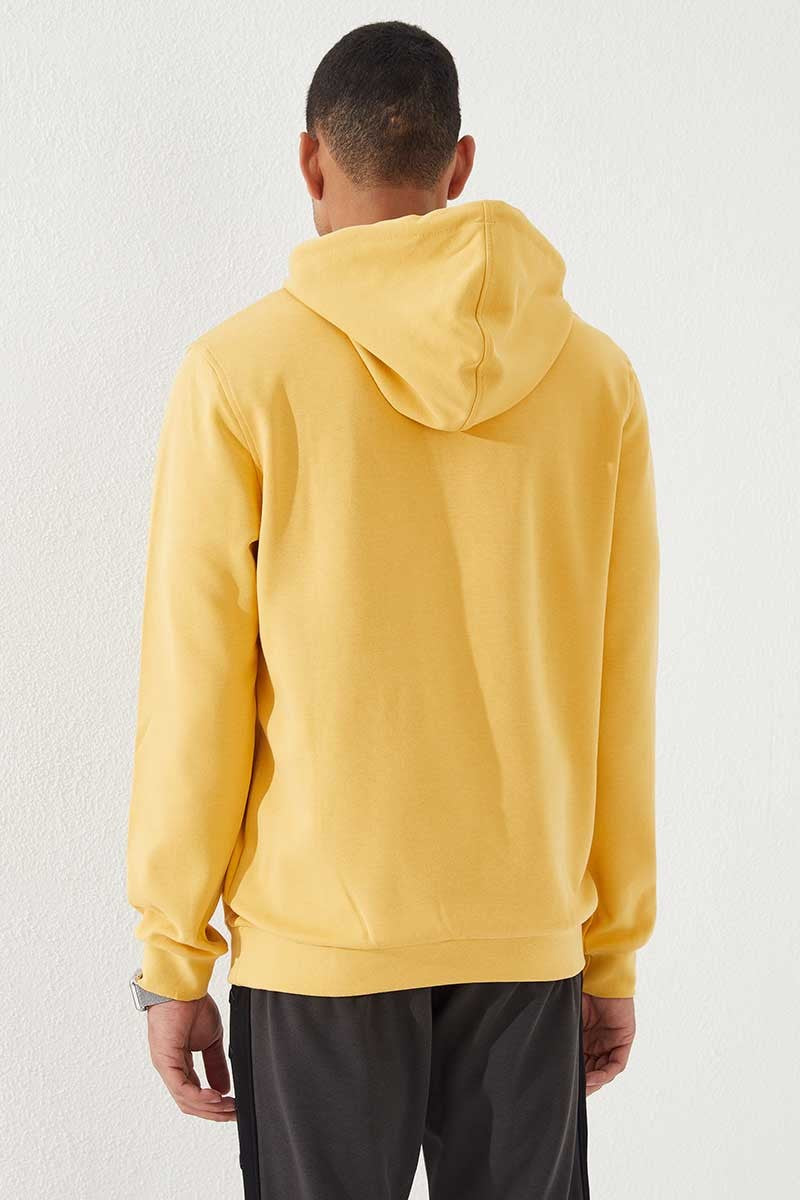 Mustard Yellow Embroidered Standard Cut Hooded Men's Sweatshirt - 87887