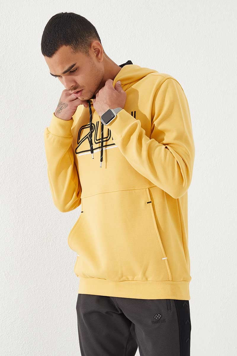 Mustard Yellow Embroidered Standard Cut Hooded Men's Sweatshirt - 87887