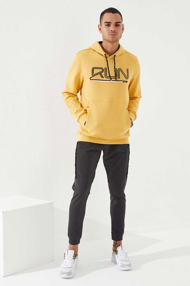 Mustard Yellow Embroidered Standard Cut Hooded Men's Sweatshirt - 87887