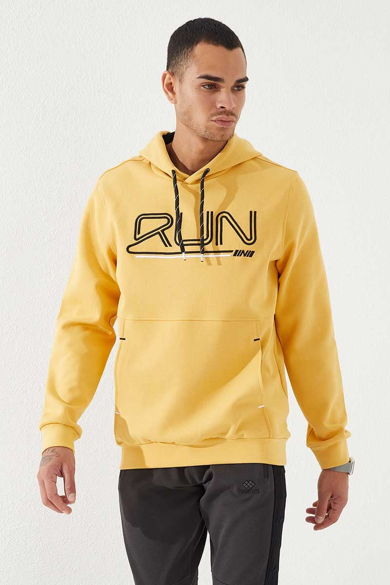 Mustard Yellow Embroidered Standard Cut Hooded Men's Sweatshirt - 87887