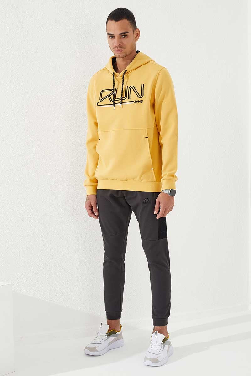 Mustard Yellow Embroidered Standard Cut Hooded Men's Sweatshirt - 87887