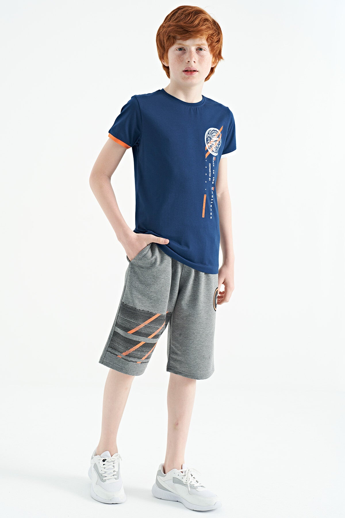 Indigo Print Detailed O Collar Standard Cut Boys' T-Shirt - 11131