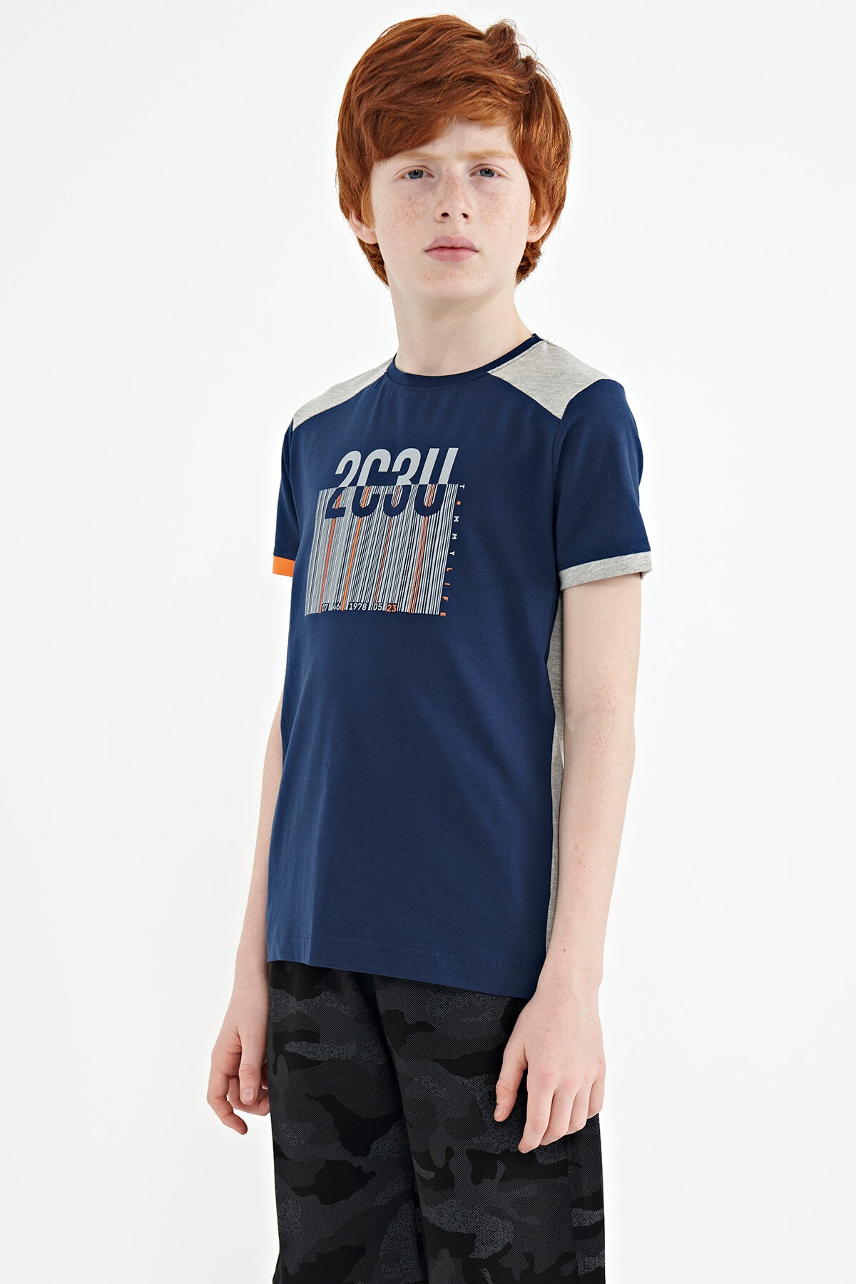 Indigo Print Detailed O Collar Standard Cut Boys' T-Shirt - 11157