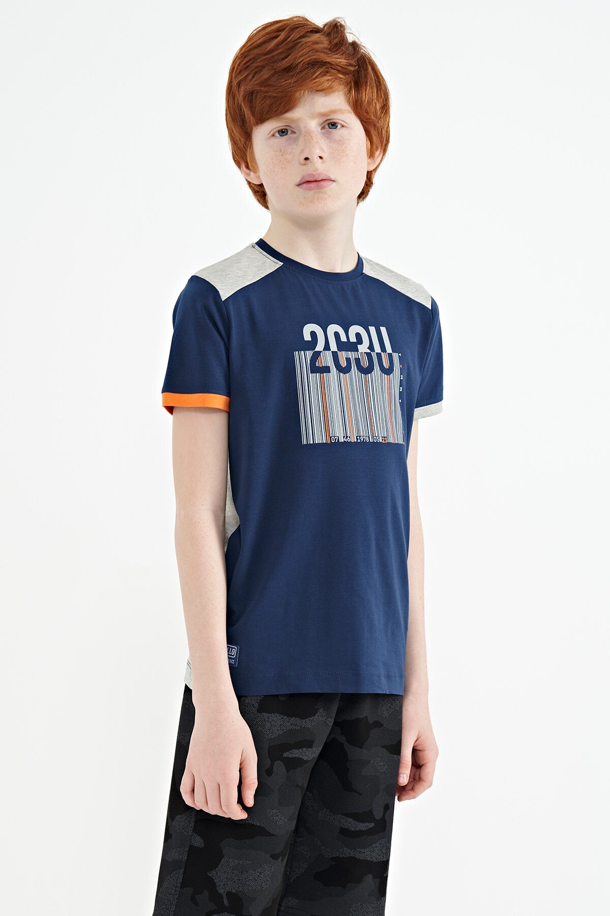 Indigo Print Detailed O Collar Standard Cut Boys' T-Shirt - 11157