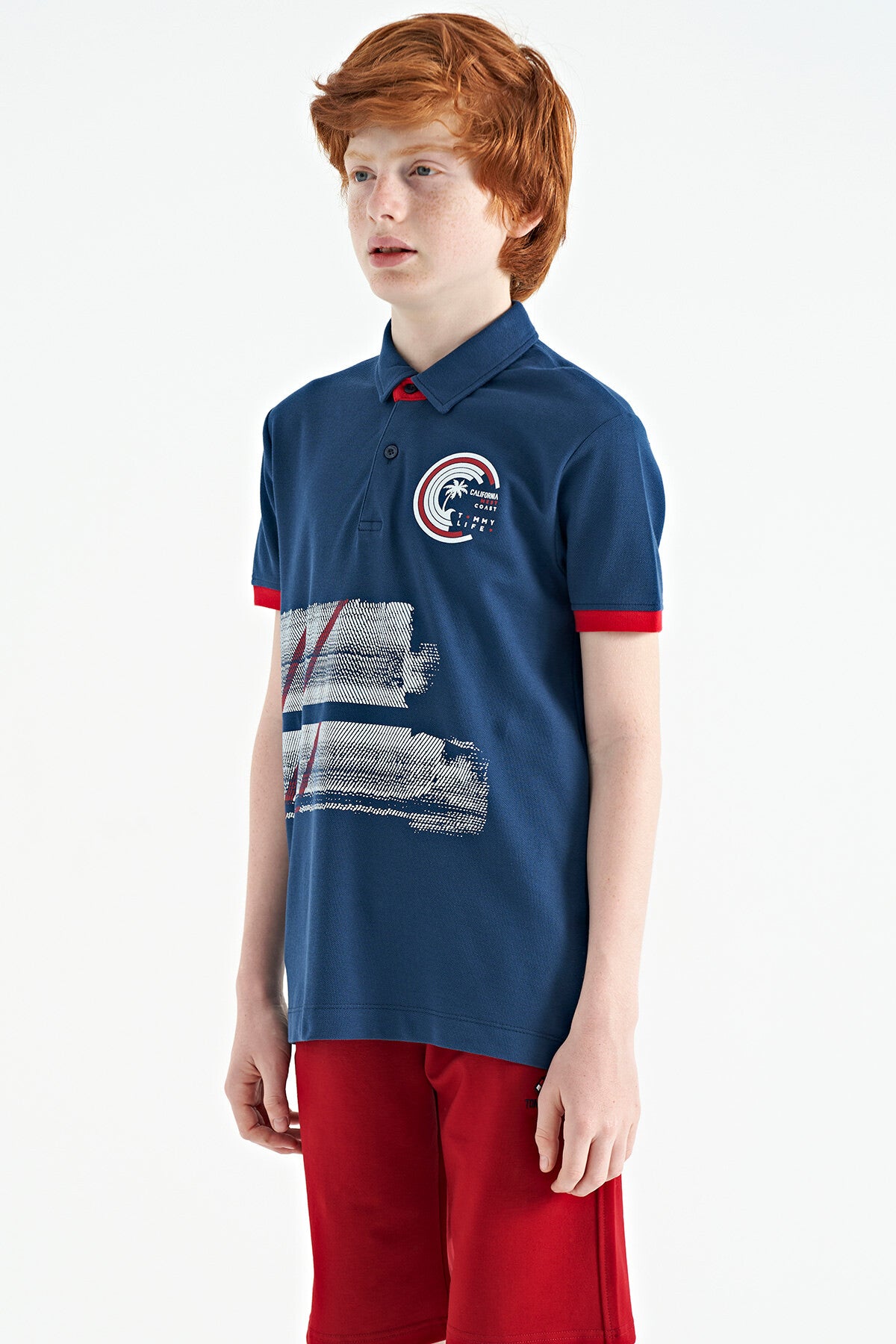 Indigo Print Detailed Polo Collar Standard Fit Boys' T-Shirt - 11094